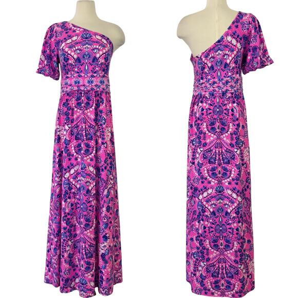 Lilly Pulitzer Solana One Shoulder Maxi Dress Havana Pink Turtle Tidepool L - Picture 1 of 12
